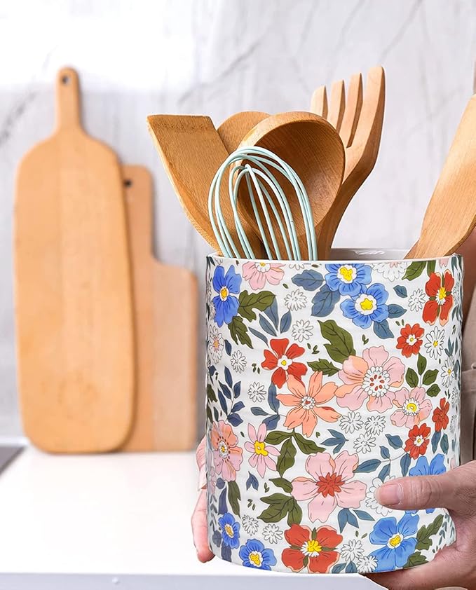 Kitchen Utensil Holder,7.2″Extra Large Stable Vintage Floral Pattern Ceramic Utensil Crock,Flower Utensil Organizer for Countertop,Kitchen Decor,Utensil Holder for Housewarming Gift Pink