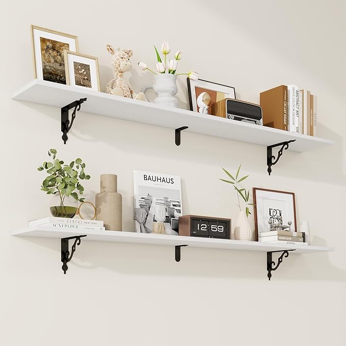 RICHFOCUS Floating Shelves for Wall Decor, 55.1W x 8D Wall Shelves Set of 2, 8 Inch Deep Rustic Wood Shelves Wall Mounted with Brackets, Long Floating Shelves for Living Room Bedroom Kitchen, White