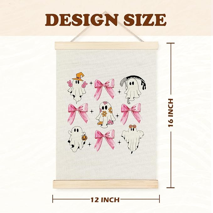 Supwhd Cute Halloween Ghosts Wall Art with Wooden Poster Hanger, Trendy Preppy Pink Bow Coquette Wall Decor, Coquette Preppy Room Decor, Halloween Pictures Wall Decor, 12x16