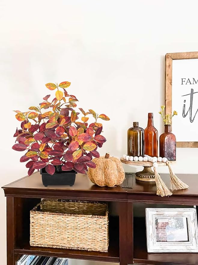 Briful 15.7" Fake Fall Bonsai Plant in Black Pot, Artificial Autumn Eucalyptus Plant with Red Orange Leaves Faux Plant Indoor for Home Office Room Shelf Table Centerpiece Thanksgiving Decor