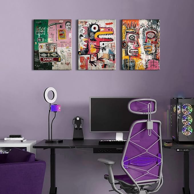 Jean Michel Basquiat Wall Art Set of 3 Framed Basquiat Posters Prints Pictures for Teens Bedroom Decor Graffiti Wall Decor Colorful Abstract Street Pop Art Paintings Artwork Home Decorations 12x16”