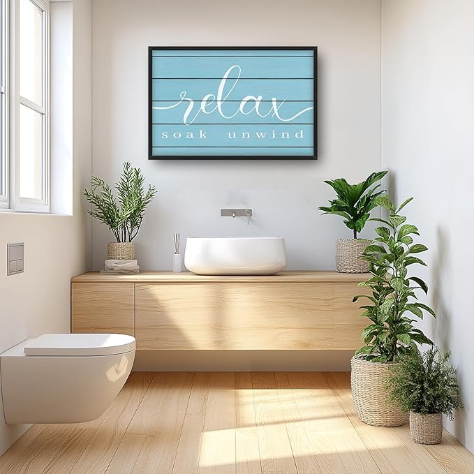 Lovira Relax Soak Unwind Large Wall Art Bathroom Blue Canvas Wall Decor Pictures Prints Painting Framed Home Artwork for Bathroom 24"x36"