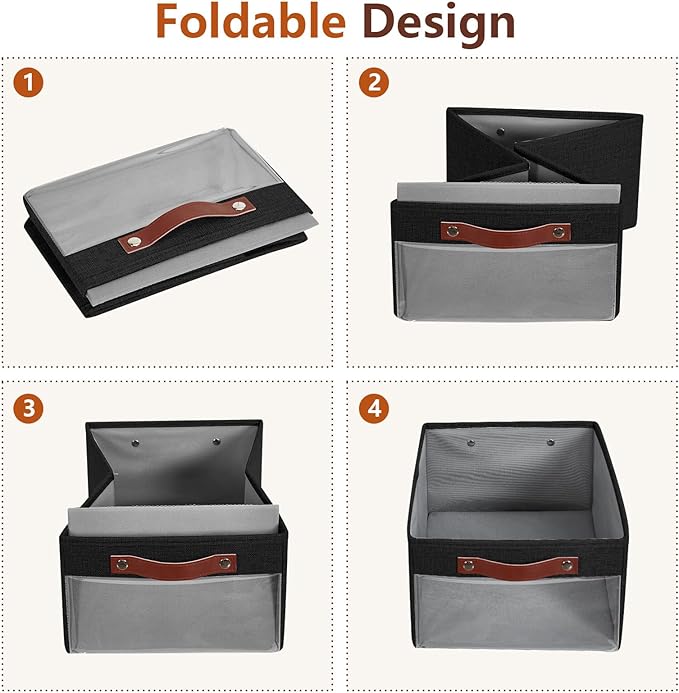 Medium Storage Baskets with Clear Window, See Through Closet Organizer with PU Handles, Linen Foldable Storage Bins for Organizing Clothes, Toys, Books (Black)