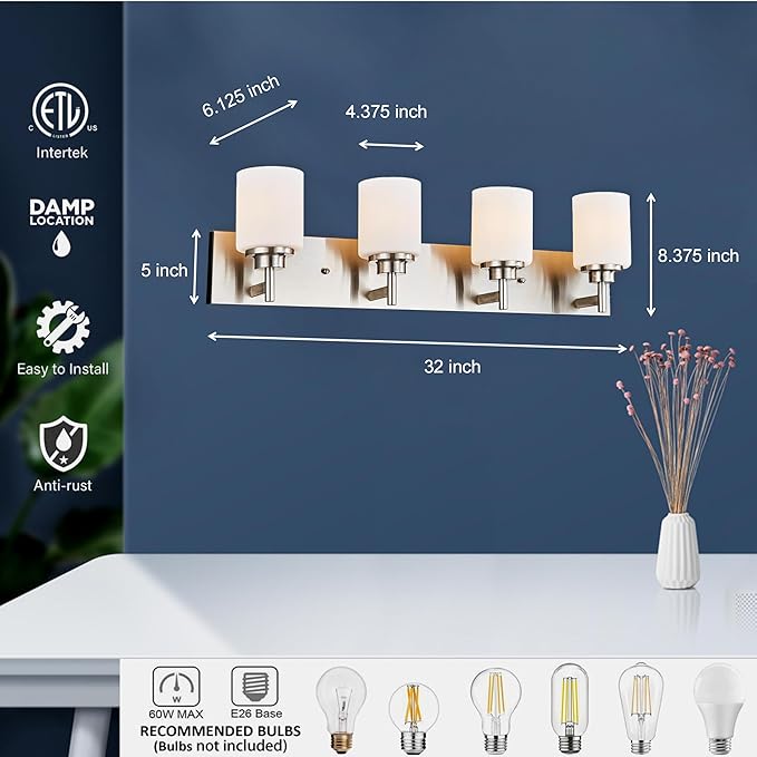 Bathroom Vanity Light Fixture, Brushed Nickel | 32 Inch 4 Lights, White Glass Shade, Vanity Lights for Bathroom, Living Room, Bedroom, Farmhouse