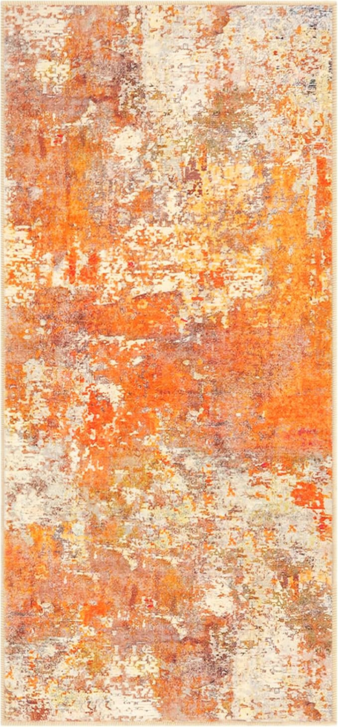 Lahome Modern Abstract Runner Rug - 2x4.3 Washable Kitchen Soft Laundry Room Rugs Bathroom Mat, Contemporary Non Slip Indoor Throw for Entryway Living Room, Yellow/Gold/Cream 2' x 4.3'