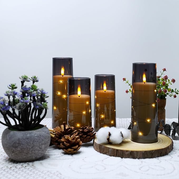 Flameless LED Candles with Timer 5 Pc Flickering Flameless Candles for Romantic Ambiance and Home Decoration Stable Acrylic Shell,with Embedded Star String,Battery Operated Candles(Grey)