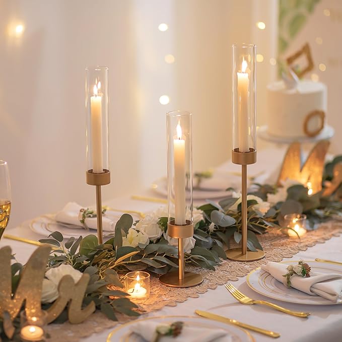 Glass Hurricane Candlestick Holders Gold - Romadedi Taper Candle Holder Tall Clear Glass Cylinder Table Centerpiece Wedding Decor Party Birthday Christmas Home Decorations Set of 3
