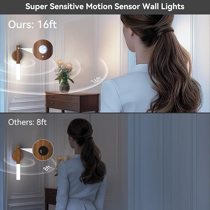 Battery-Operated Wall Sconce Wall Lights: 2200mAh Rechargeable Motion Sensor Magnetic Wireless Stairway Lights Portable Hallway Light Wooden Wall Lighting for Bedroom Stair(White Light)