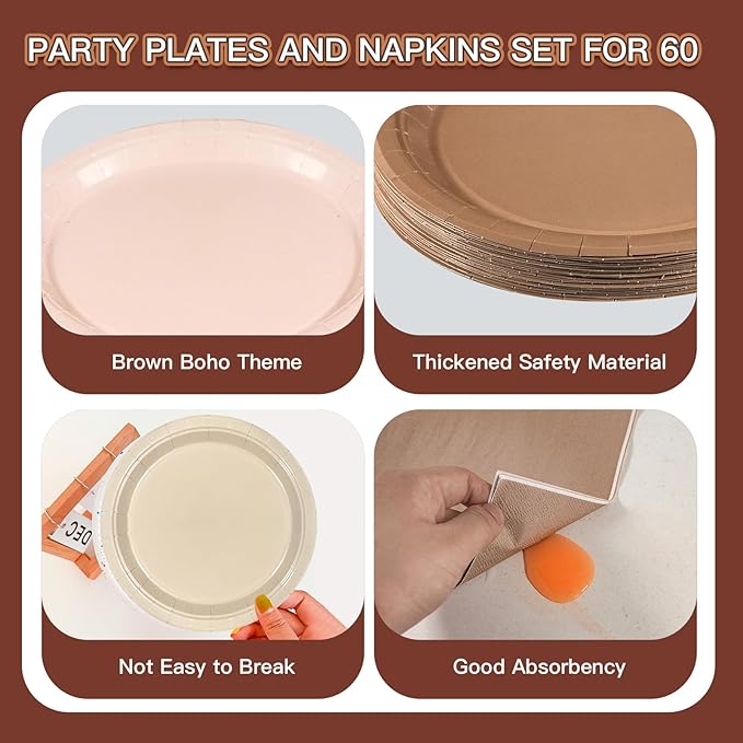 180Pcs Brown Paper Plates Party Supplies Boho Paper Plates and Napkins Serve 60 Disposable Tableware Set for Birthday Party Decorations Game Day Family School Holiday Sports Events