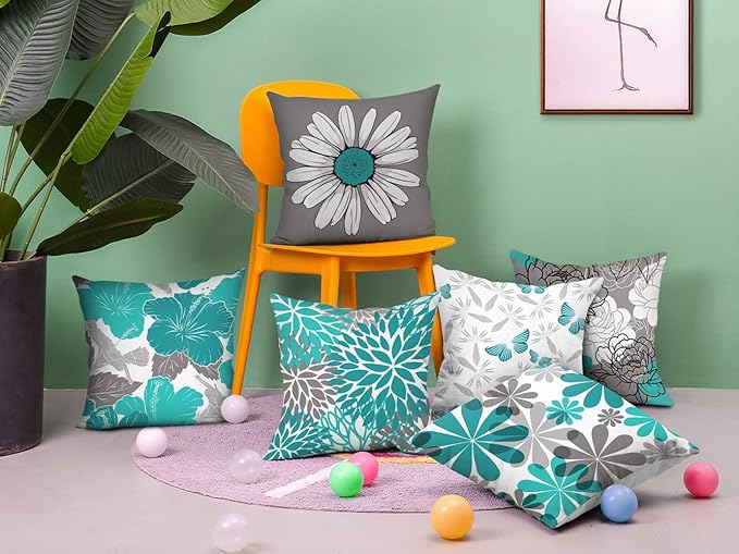 COMMINY Teal Grey Pillow Covers 16x16 Set of 6 Decorative Daisy Flower Throw Pillow Cover for Couch Modern Turquoise Pillow Case for Patio Living Room Cushion Bed Farmhouse Home Decor