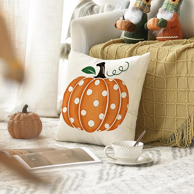 AVOIN colorlife Fall Polka Dots Pumpkin Throw Pillow Cover 16x16 Inch, Seasonal Autumn Thanksgiving Harvest Decoration for Home Sofa Couch
