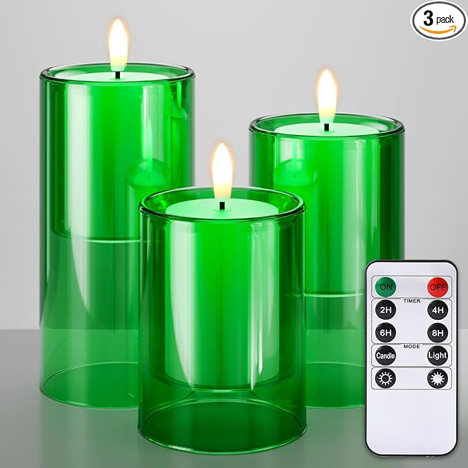 NURADA Flameless Candles with Remote Timer - Glass Holder Real Wax 3D Wick LED Pillar Votive Candle Set Battery Operated Flickering Light for St Patricks Day Home Decor-Green 3 Pack