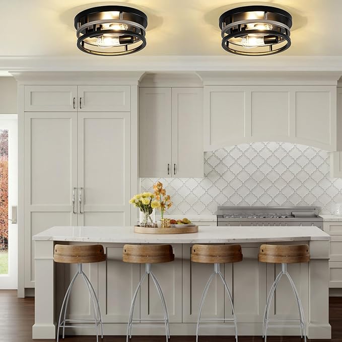 2 Light Industrial Ceiling Light Black Nickel Semi Flush Mount Lights Close to Ceiling Light Fixtures,cage design Farmhouse Ceiling Lighting for Kitchen Bedroom Bathroom Foyer Hallway (E26, 1Pack)