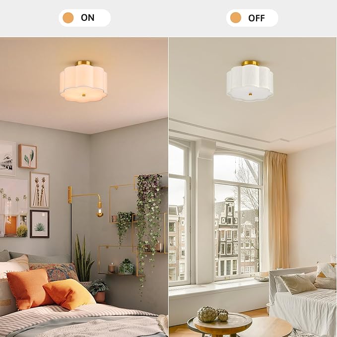 VONLUCE Semi Flush Mount Ceiling Light, 13" Ceiling Light Fixture with Flower-Shaped Fabric Shade, 3-Light Modern Light Fixture for Bedroom Living Room Nursery Hallway, White Shade & Gold Finish