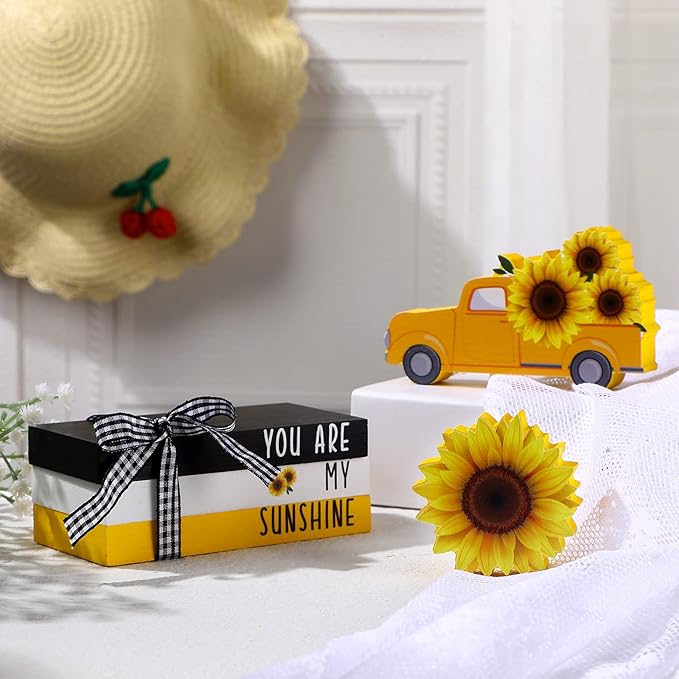 Yookeer 5 Pieces Farmhouse Tiered Tray Decor Items Rustic Wooden Mini Truck Bundle Books Stack Sign for Summer Spring Home Harvest Table Shelf Decorations(Sunflower Style)