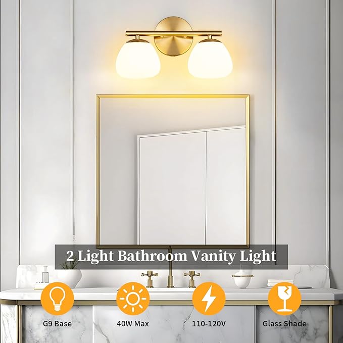 Modern 2 Light Bathroom Vanity Light Gold Vanity Light Bathroom Light Fixtures Over Mirror with Milk Glass Shade Bathroom Vanity Lighting Fixtures