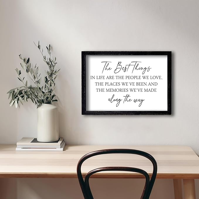 Comurdyo The Best Things in Life Sign 15.7''×11'' Framed Wood Memories Inspirational Quotes Wall Decor Vintage Farmhouse Wedding Gifts Sign Wall Art for family Home Bedroom (Black White)