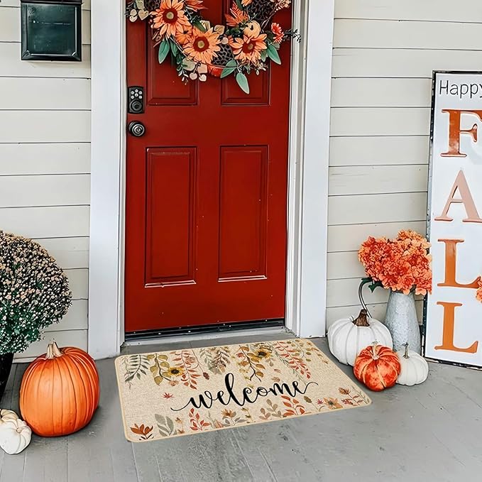 ORTIGIA Welcome Fall Doormat Eucalyptus Leaves Sunflowers Door Mats Indoor Outdoor Patio Non-Slip Entrance Floor Mat for Home, Outside, Yard, Patio 17x29 Inch