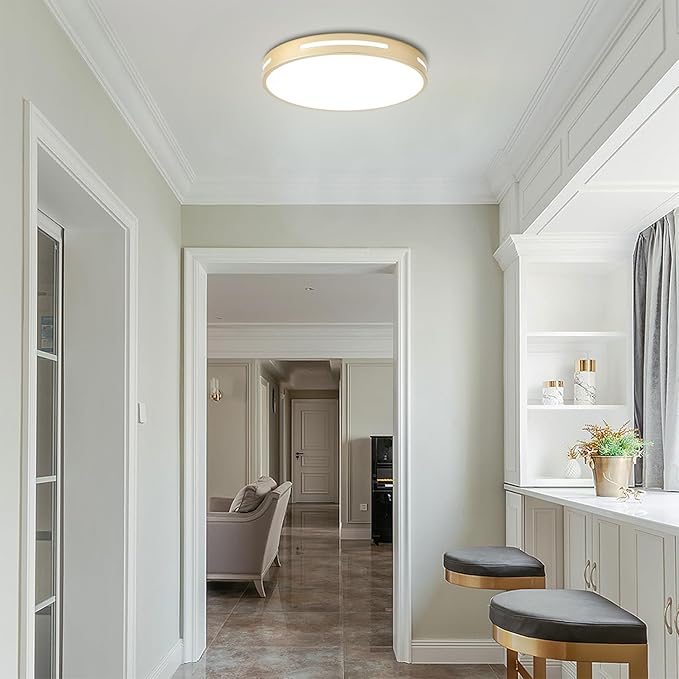 Gold Flush Mount Ceiling Light Fixture LED,24W Bathroom Light Fixture Ceiling Mount Dimmable Set of 3,12 inch Close to Ceiling Light Fixture 5CCT for Kitchen, Bedroom, Living Room