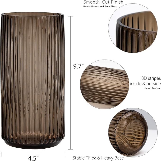 Flower Vase 9.7 inch Amber Thickened Hand Blow Glass Vase Round Vintage Striped Bottles for Bookshelf,Dinner Table,Indoor Office Desktop,Meeting Room,Bathroom,Home