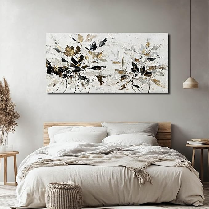 Modern Artwork Black and White Wall Art Abstract Wall Decor for Living Room Home Leaves Canvas Pictures Bedroom Gold Wall Art 24x48 Inch