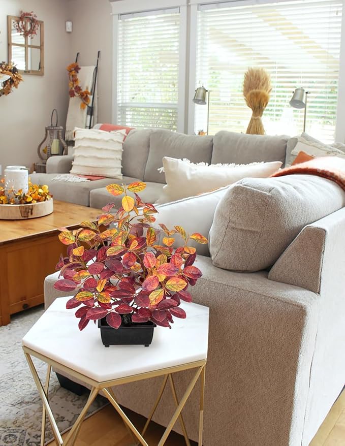 Briful 15.7" Fake Fall Bonsai Plant in Black Pot, Artificial Autumn Eucalyptus Plant with Red Orange Leaves Faux Plant Indoor for Home Office Room Shelf Table Centerpiece Thanksgiving Decor