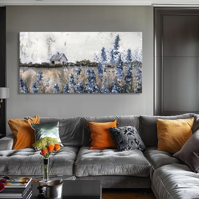 Wall Art Vintage Farmhouse Canvas Print Retro Countryside Flower Field Nature Meadow Landscape Rustic Windmill Barn Picture Framed Artwork for Home Bedroom Living Room Black Purple 48x24in