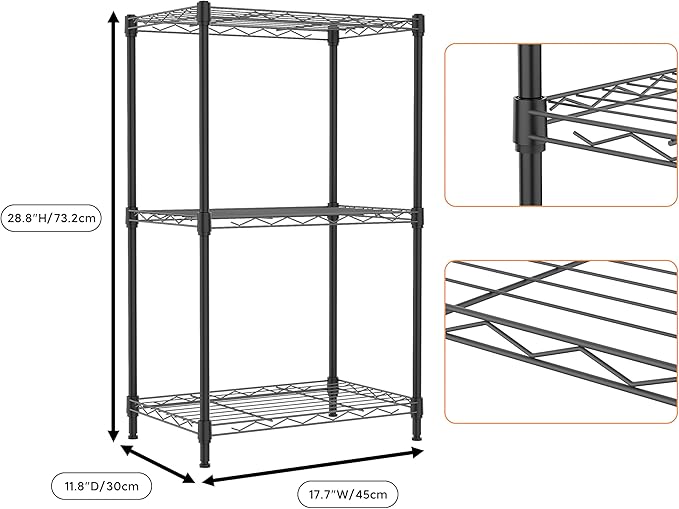 3 Tiers Shelf Metal Storage Shelves Wire Rack Closet Organizers with Wheel for Garage Kitchen Bathroom Laundry Black 11.8" D x 17.7" W x 28.8" H