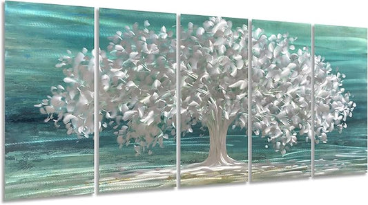 Yihui Arts Tree Of Life Metal Wall Art Handcrafted Aluminum Artwork Teal and Silver Abstract Nature Pictures in 5 Pieces for Living Room Bedroom Bathroom Decor