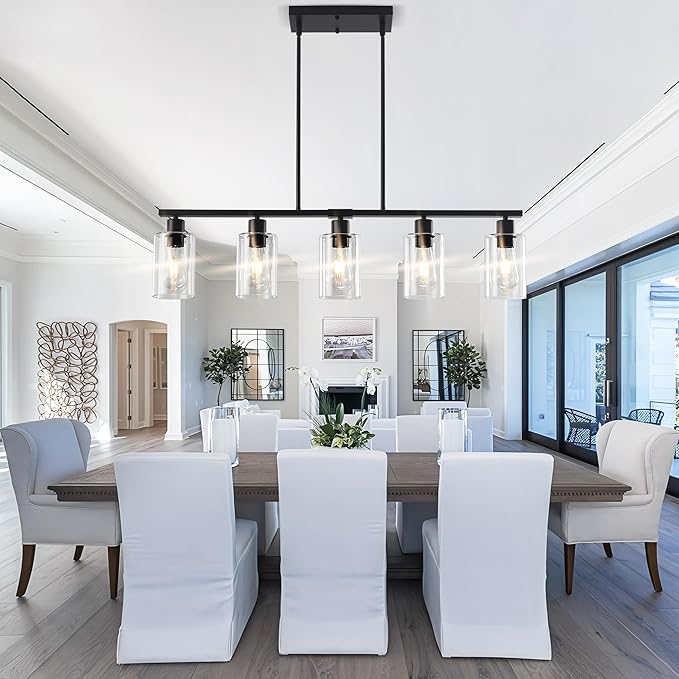 Black Linear Chandelier for Kitchen Island - 5 Light Pendant Lighting Fixture with Glass Shades, Adjustable Height Farmhouse Dining Room Hanging Light