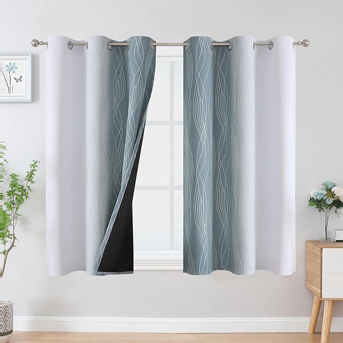 Estelar Textiler Stone Blue and Greyish White Ombre Blackout Curtains 54 Inch Length 2 Panels, Full Room Darkening Drapes for Kitchen, Thermal Insulated Grommet Short Curtains for Bedroom,42Wx54L