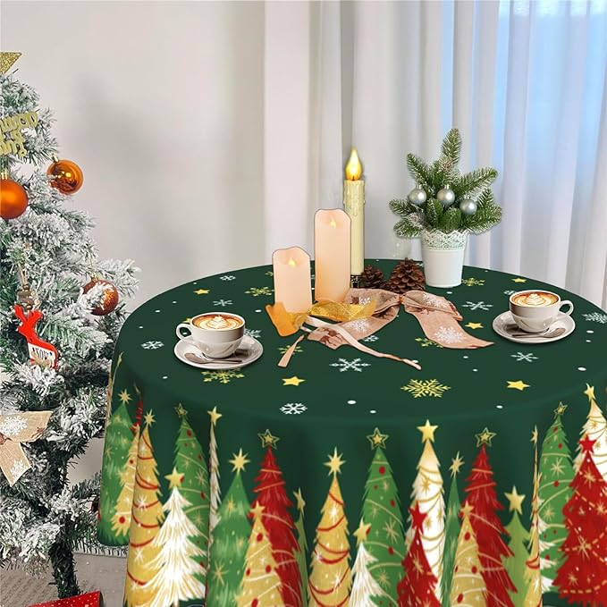 Christmas Round Tablecloth 60x60 Inch Xmas Snowflakes Trees Table Cover Holiday Decorations Seasonal Decor for Home Kitchen Dining Room Picnic Party Winter Green