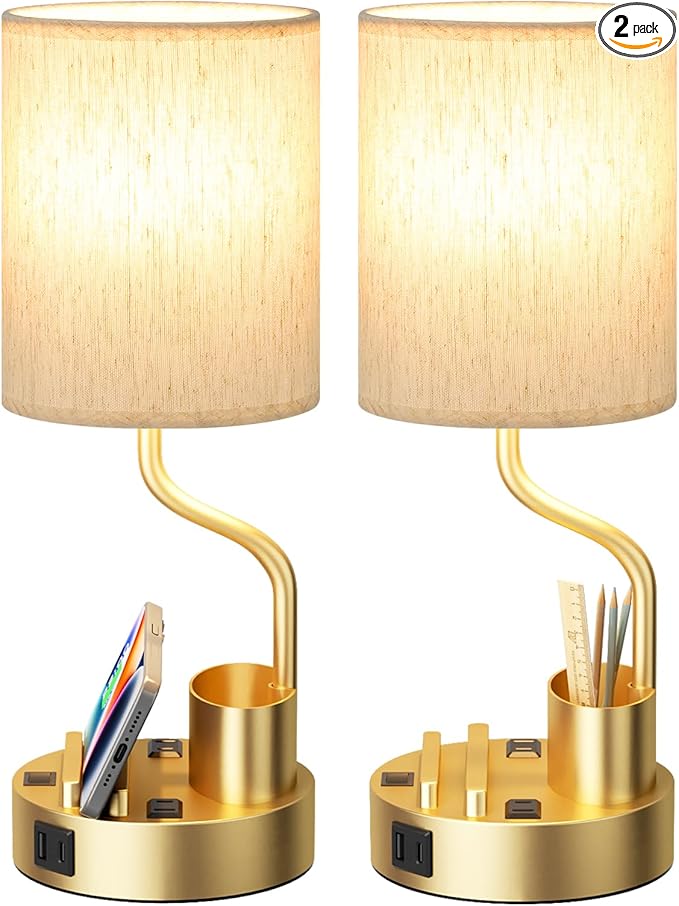 Gold Bedside Table Lamps for Bedroom Set of 2 - Nightstand Light with AC Outlet and USB A & C for Charging, 3 Color Temperatures Desk Lamp with Pen Holder & Phone Stand for Living Room/Dorm/Office