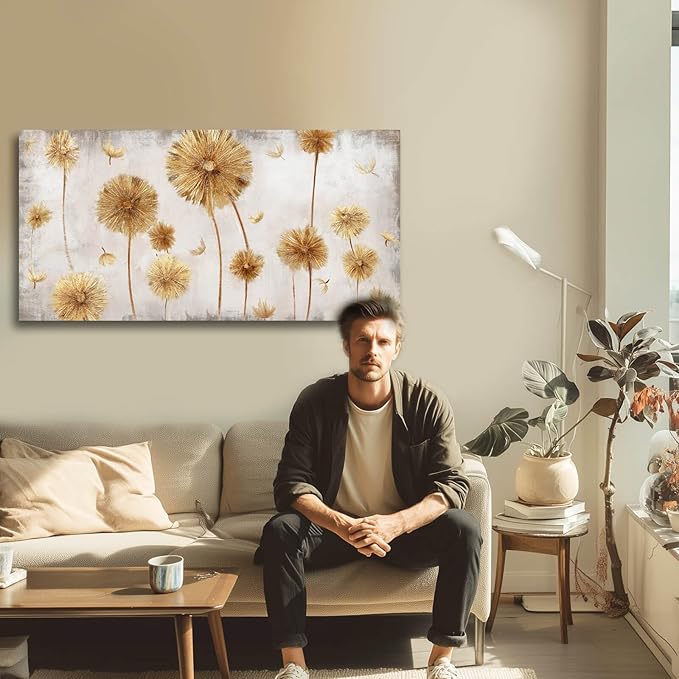Framed Canvas Wall Art Gold Dandelion Wall Prints Living Room Artwork Grey Picture Wall Decor for Bedroom 20"x 40" Office Painting Home Decor