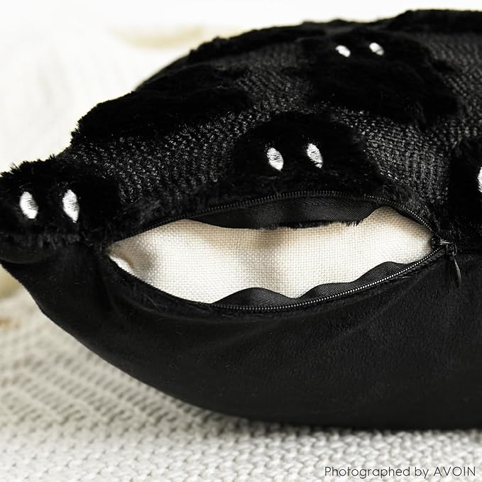 AVOIN colorlife Halloween Ghost Black Throw Pillow Cover Set of 2, 18 x 18 Inch Soft Plush Faux Fur Jacquard Spooky Cushion Case Decoration for Sofa Couch