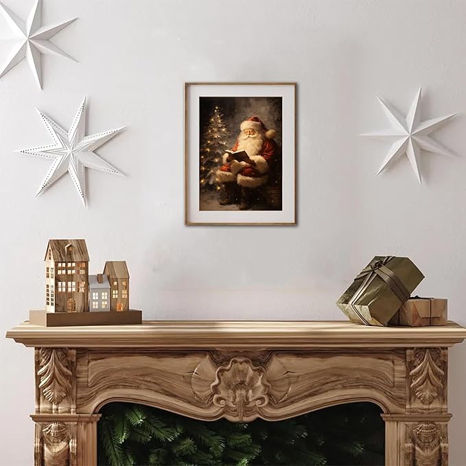 RETRART Christmas Wall Art Vintage Holiday Canvas Print with Santa Claus Christmas Tree, Christmas Pictures Wall Decor Waterproof Fade-Resistant Oil Painting Decor for Living Room, Bedroom(8"x10")