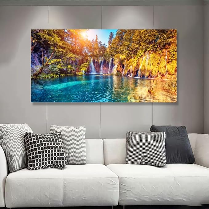 Lake Water Pictures Canvas Wall Art for Living room Bedroom Wall Decor,Waterfall Wall Art Print Paitnings for home Decor,Morden Artwork Sunset Tree Canvas Art Waterproof Stretched Ready to