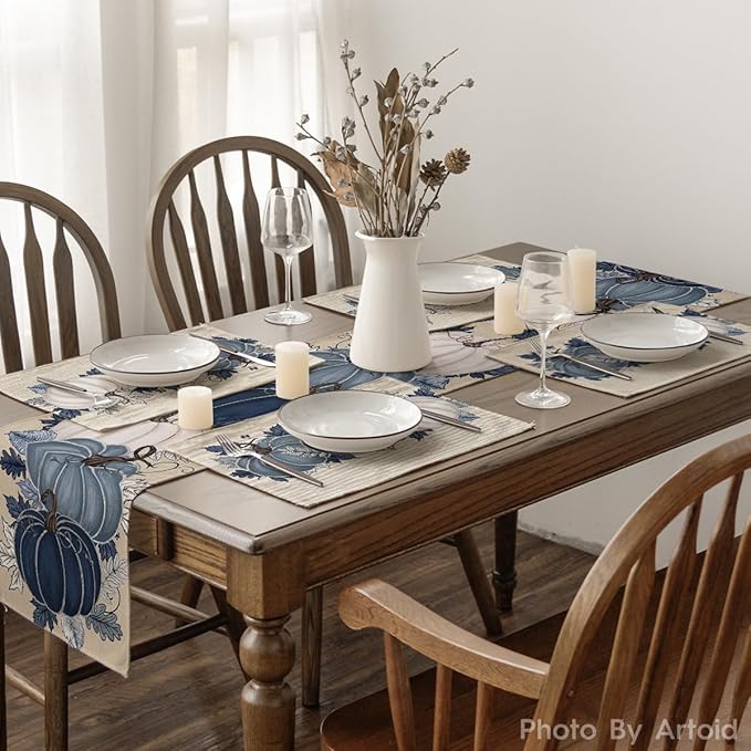 Artoid Mode Navy Blue Pumpkins Fall Placemats Set of 4, 12x18 Inch Autumn Thanksgiving Watercolor Table Mats for Dining Party Decoration