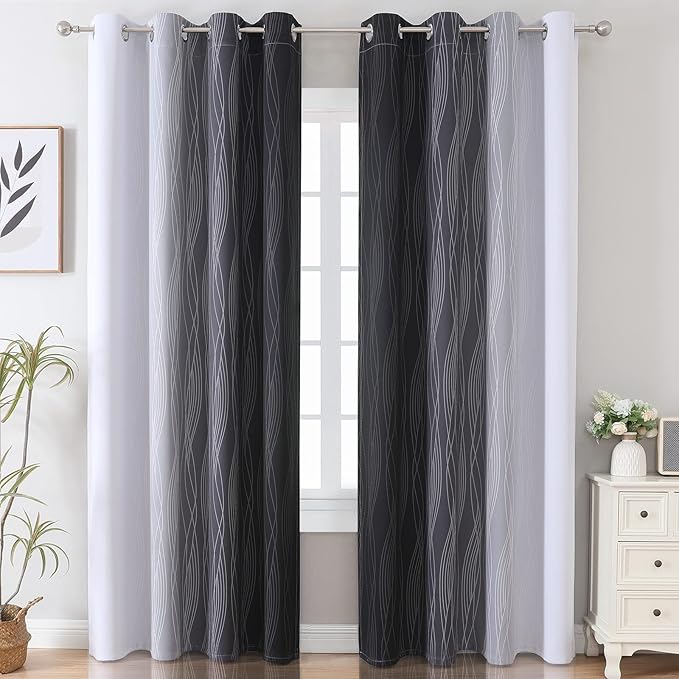 Estelar Textiler Ombre Blackout Curtains 102 Inches Long 2 Panels Set, Black and Greyish White Thermal Insulated Drapes for Bedroom, Full Room Darkening Grommet Curtains for Living Room, 52Wx102L