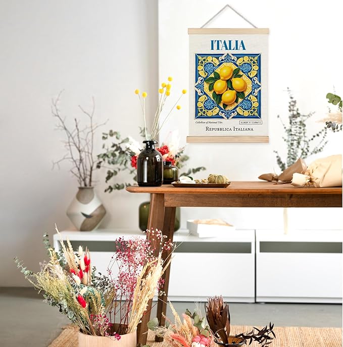 Yomisex Italia Tile Lemon Wall Art Poster, Traditional Republica Italiana Ceramic Tiles Lemons Aesthetic Canvas Prints Wall Art Framed for Home Kitchen Dining Room Decor, 12x16 Inch