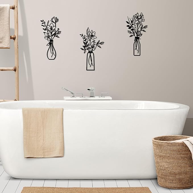 ARTINME 3 Pieces Metal Flowers Wall Arts - Rustic Farmhouse Decor Minimalist Flower Wall Decors for Living room Bathroom Kitchen Bedroom Dining Room - Housewarming Gifts (Black)