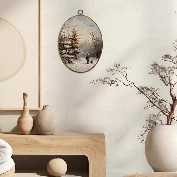 CUANFDDSF Vintage Farmhouse Winter Oval Wall Art Decor, Rustic Christmas Pine Tree Landscape Wall Hanging Decor, Retro Country Winter Framed Canvas Prints for Home Bedroom Living Room, 8.6x11.4 Inch