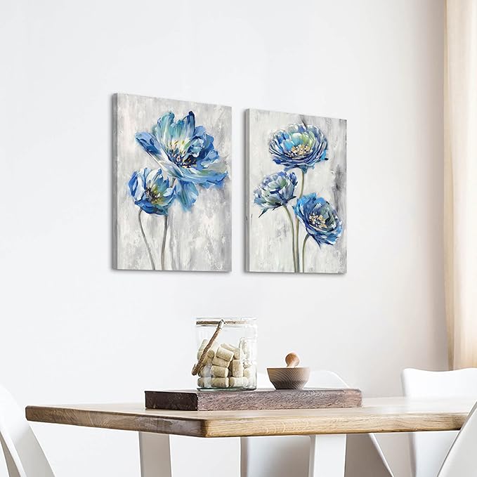 Color Play Blue Flower Canvas Wall Art: Bathroom Bedroom Abstract Lotus Floral Painting Picture 2 Piece Modern Botanical Nature Giclee Print Artwork for Living Room Home Decor Ready to Hang