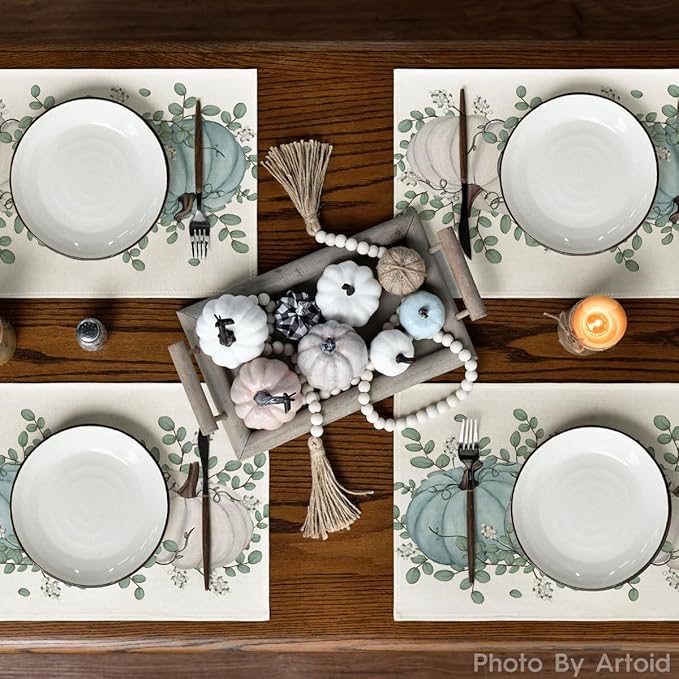 Artoid Mode Pumpkins Eucalyptus Leaves Fall Placemats Set of 4, 12x18 Inch Autumn Thanksgiving Holiday Table Mats for Party Kitchen Dining Decoration