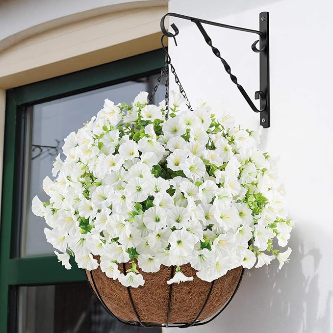 12PCS Artificial Flowers for Outdoor Decorations, Realistic Faux White Silk Petunia Flowers for Outside, Fake Plants Morning Glory with Eucalyptus Porch Patio Planters Window Boxes Decor