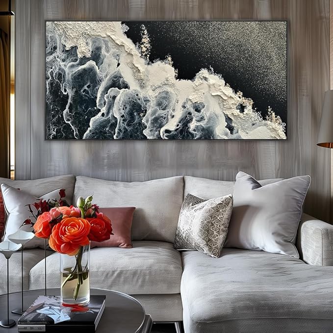 Wall Art Abstract Seascape Artwork Ocean Waves Art Sea Landscape Painting Blue,Black and White for Living Room Bedroom Dining Room Home Office Decor Large Framed Ready to Hang 24"x48"