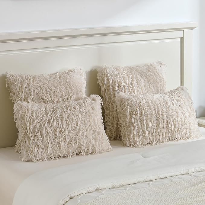 FUTEI Beige Decorative Throw Pillow Covers 20x20 Inch Set of 2,Soft Fluffy Faux Feather Texture Cushion Cases,Modern Home Luxury Decor for Couch Bed Living Room