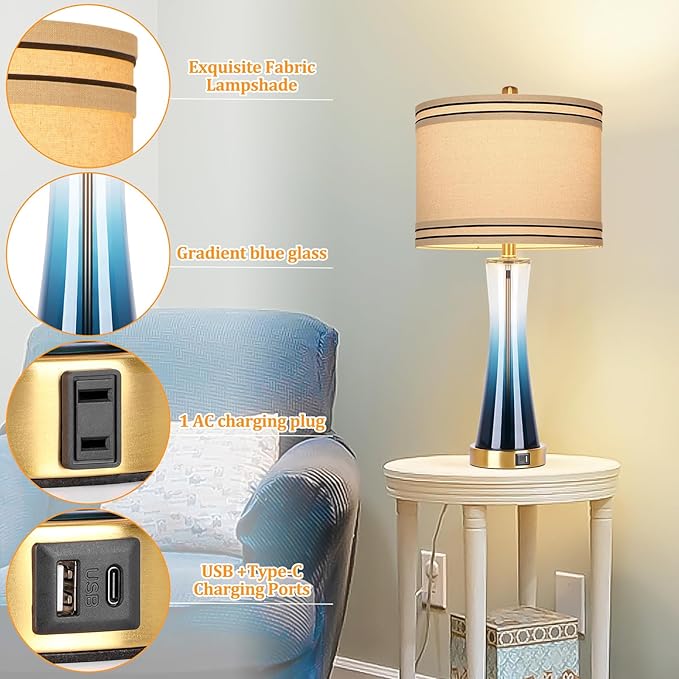 27.4''Table Lamps for Living Room Set of 2,3-Way Dimmable Modern Glass Bedside Lamps with USB Ports,Tall Lamps for Night Stands,Touch End Table Lamps for Bedroom Desk Lamps for Home Office(Blue)