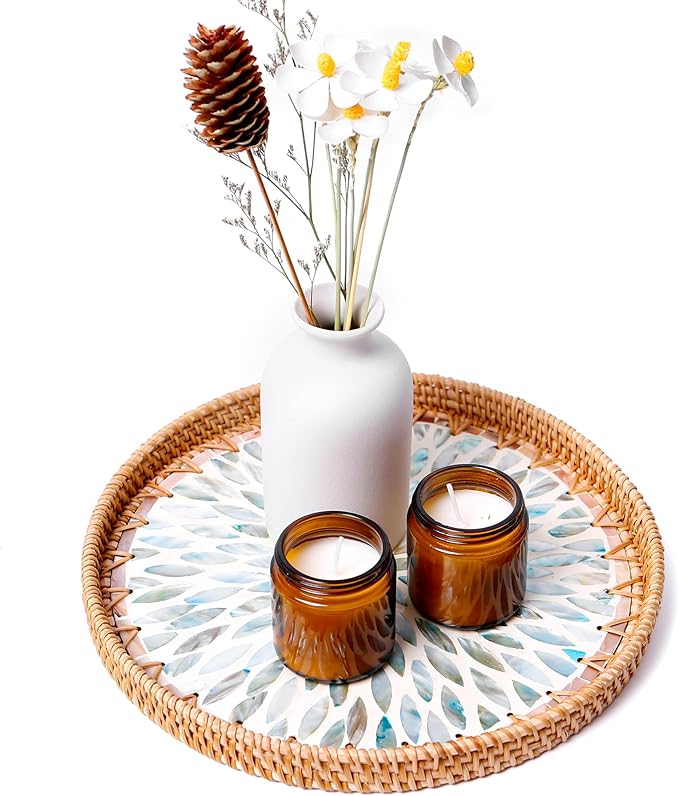 Round Rattan Tray with Mother of Pearl Inlay & Wooden Base - Decorative Wicker Serving Tray for Coffee/Bread/Fruits, Food Storage & Display - Multipurpose Home Decor (M,Colorful Leaves)