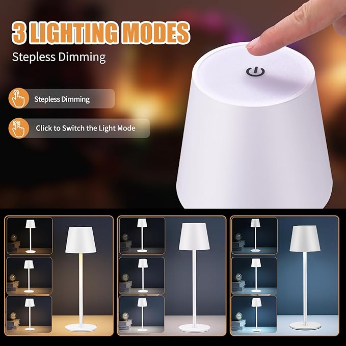 Cordless Table Lamps USB Rechargeable Lamp Simplicity Desk Lamp Built-in 4600 mAh Battery LED Battery Operated lamp with Touch Control Table lamp - Bedroom/Desk/Reading/Patio(2Pack-White)